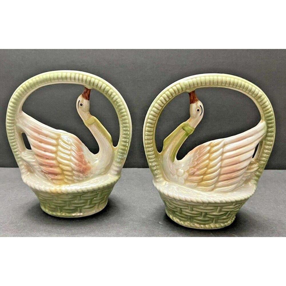 Vintage Swan in Basket Ceramic Figurines – Made in Brazil – Matching Pair
